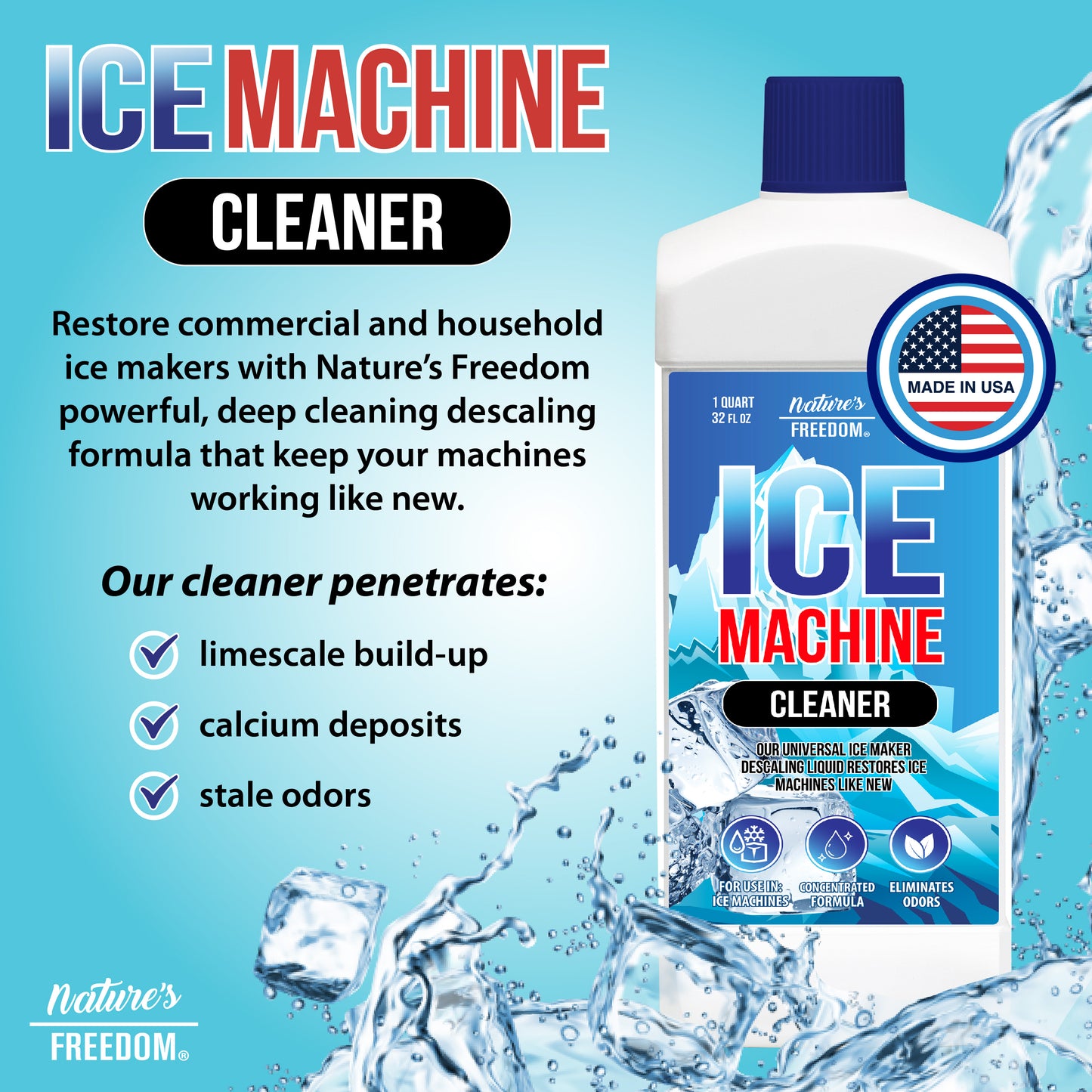 1 Quart Ice Machine Cleaner - Nickel-Safe Formula for Home and Commercial Use